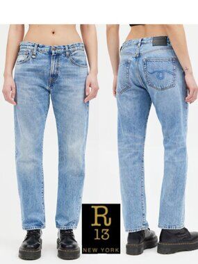 R13 Bowie Straight-Leg Jeans Faded Blue Wash Made In Italy Sz 24 High Rise